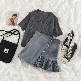 Short-sleeve Polo Knit Top / Paneled A-line Denim Skirt