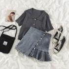 Short-sleeve Polo Knit Top / Paneled A-line Denim Skirt
