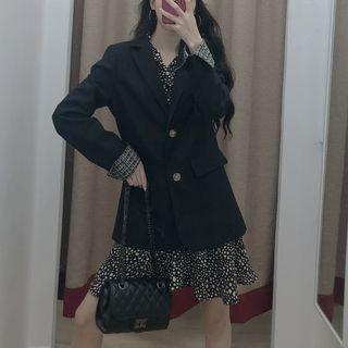 Long-sleeve Floral Print Mini A-line Dress / Plain Blazer / Set