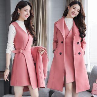 Set: Double-breasted Coat + V-neck Mini Pinafore Dress