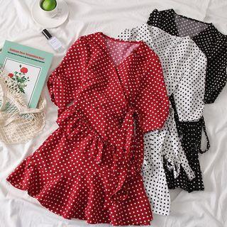 Tie-waist Ruffled Dotted A-line Dress