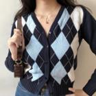 V-neck Lingge Long-sleeved Short Knit Cardigan