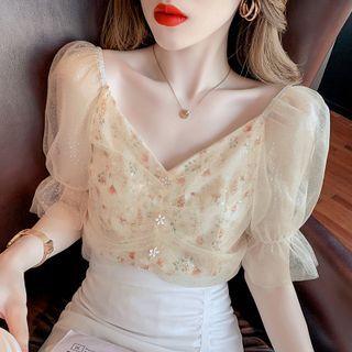 Short-sleeve Floral Print Mesh Overlay Blouse