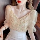 Short-sleeve Floral Print Mesh Overlay Blouse