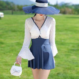 Bell-sleeve Two-tone Swimdress