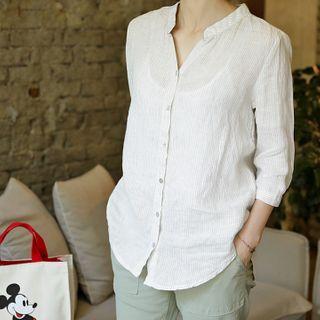 Open-placket Linen Stripe Shirt