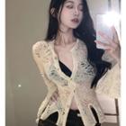 Long-sleeve Button-up Lace Top Beige - One Size