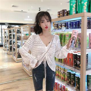 Long-sleeve Cutout Drawstring V-neck Top