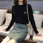 Embroidered Long-sleeve T-shirt / Faux Leather Fitted Skirt