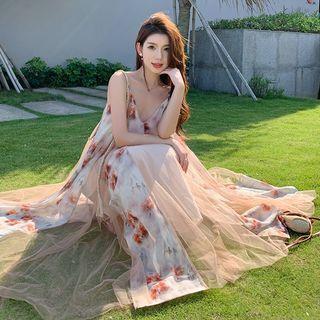 Spaghetti-strap Mesh Panel Print Midi A-line Dress