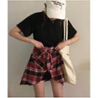 Set: Short-sleeve Plain T-shirt Dress + Plaid A-line Skirt