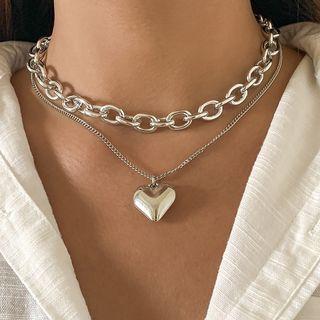 Set: Chunky Alloy Choker + Heart Pendant Alloy Necklace