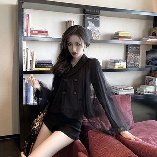 Double-breasted Mesh Overlay Cropped Blazer