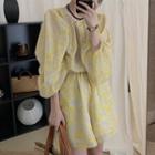 Set: Puff-sleeve Printed Blouse + Shorts Yellow - One Size