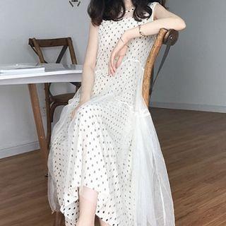 Dotted Strappy A-line Midi Dress / Sleeveless Sheer Dress