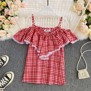 Plaid Lace Trim Cold-shoulder Blouse