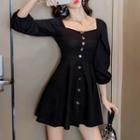 Lantern-sleeve Mini A-line Buttoned Dress