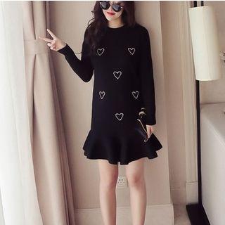 Long-sleeve Heart Print Mini Knit Dress