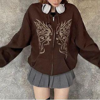Long Sleeve Vintage Printed Loose-fit Zip-up Jacket