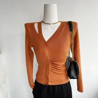 V-neck Plain Striped Cutout Button-up Cardigan