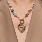 Heart Pendant Faux Pearl Necklace 1pc - Gold & White & Red - One Size