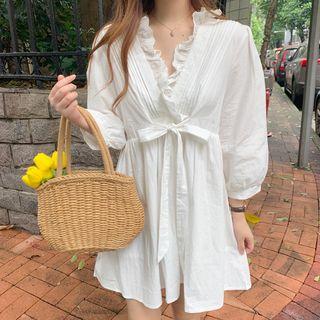 Ruffle Trim Tie-waist 3/4-sleeve A-line Dress White - One Size