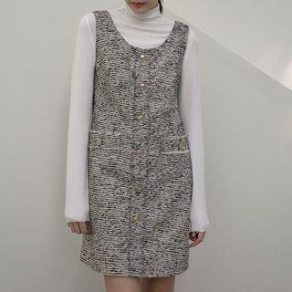 Sleeveless Metallic-button Tweed Minidress