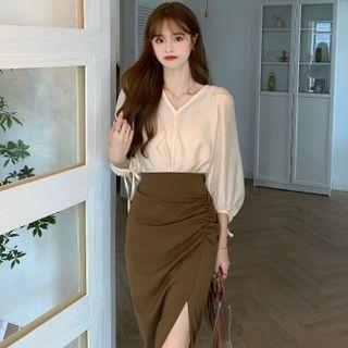 Set : Long-sleeve Shirt + High-waist Side Split Skirt