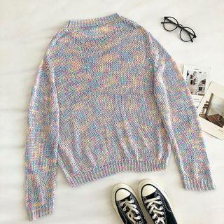 Color-block Crewneck Long-sleeve Long-sleeve Knit Top Purple - One Size