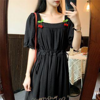 Cherry Applique Elbow-sleeve Midi A-line Dress