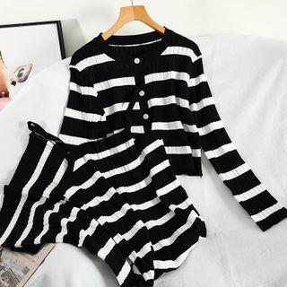 Set: Striped Ribbed Cardigan + Midi Knit Skirt Cardigan - Stripes - White & Black - One Size / Skirt - Stripes - White & Black - One Size