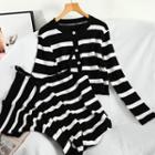 Set: Striped Ribbed Cardigan + Midi Knit Skirt Cardigan - Stripes - White & Black - One Size / Skirt - Stripes - White & Black - One Size