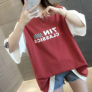 Two-tone Lettering Elbow-sleeve T-shirt