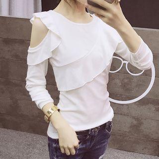 Long-sleeve Ruffle Trim Cutout Top