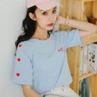 Letter Embroidered Heart Print T-shirt