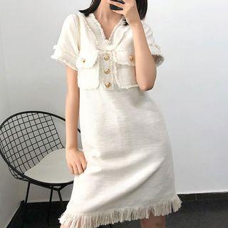 Short-sleeve Fringed Buttoned Tweed Dress