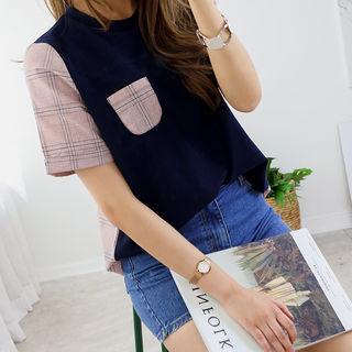 Pocket-front Plaid-panel T-shirt