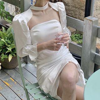 Strapless Shirred Mini Bodycon Dress / Long-sleeve Crop Top