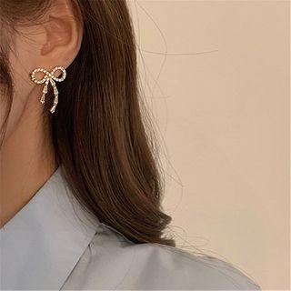 Bow Rhinestone Earring 1 Pair - S925 Silver Needle - Gold - One Size
