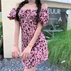 Off-shoulder Leopard Print Mini Dress Pink - One Size