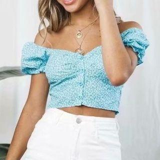 Off-shoulder Floral Print Button-up Cropped Top
