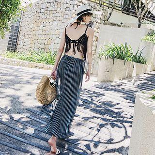 Set: Lace Tassels Swim Top + Pinstripe Bottom + Cover-up Pants