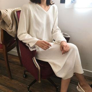 V-neck Wool Blend Midi Dress