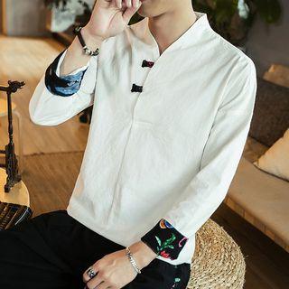 V-neck Frog-button Long-sleeve T-shirt