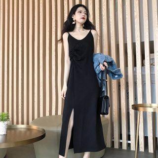 V-neck Drawstring Spaghetti Strap Dress Black - One Size