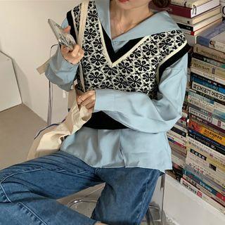 Long-sleeve Sailor Collar Shirt / Floral Pattern Sweater Vest