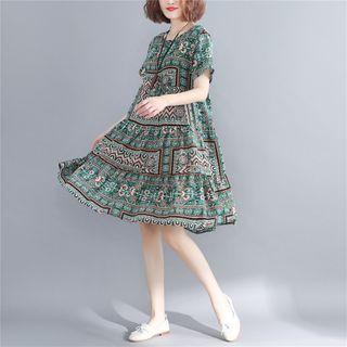 Short-sleeve Printed Midi A-line Dress As Shown In Figure - One Size