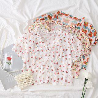 Ruffled-trim Printed Crop Top