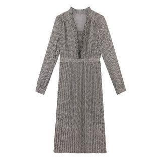 Long-sleeve Printed Accordion Pleat Midi A-line Dress