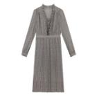 Long-sleeve Printed Accordion Pleat Midi A-line Dress